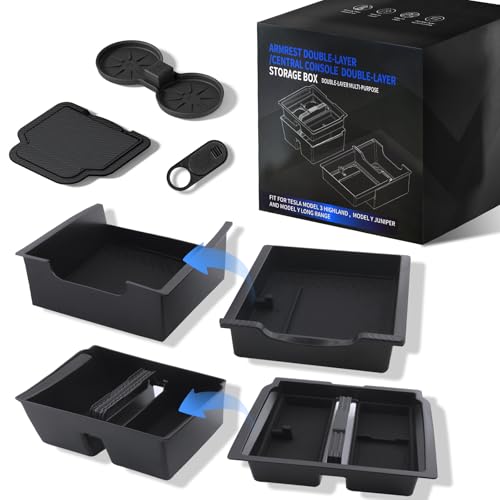 5PCS Double-Layer Center Console Organizer Tray for Tesla Model Y Juniper 2025 2026 Accessories Refreshed Car Storage Tray Armrest Tray Insert Cup Holder Hidden Compartment Storage Box - size: Juniper (Style 3)