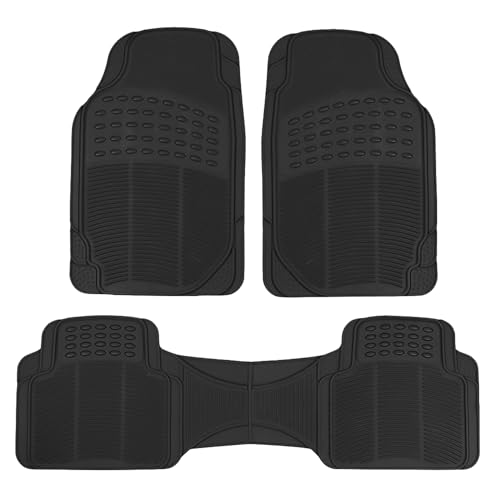 BDK M783 DuraChannel Heavy Duty Rubber Car Floor Mats Liner for Auto - All Weather 3 Piece Set Front & Rear, Fits Car Truck SUV Van, Universal Trim to Fit - color: Black