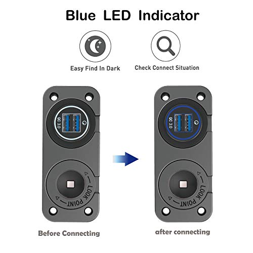 QC 3.0 USB Outlet 12V Boat Marine Waterproof Cigarette Lighter Socket Splitter 12 Volt DC Power Charger Adapter DIY Kit with Blue LED Dual USB Ports for Rocker Switch Panel on Car RV Golf Cart ATV