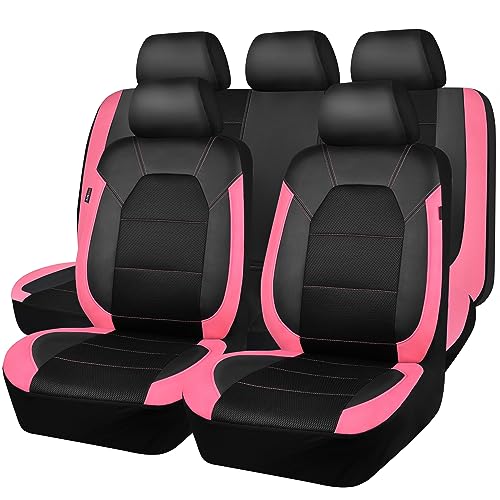 CAR PASS Leather Seat Covers, Breathable Universal Car Seat Cover Full Set for Cute Women Girly,Super 5mm Composite Sponge Inside,Airbag Compatible fits Most Auto,SUVs,Trucks,Vans(Black&Pink) - color: Black&Pink, size: Full Set