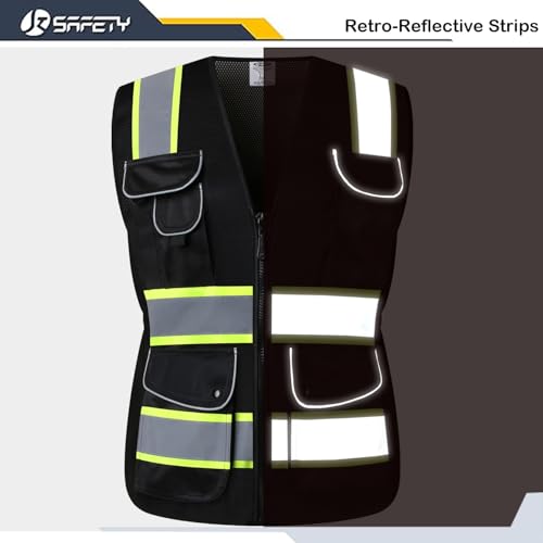 JKSafety Women Hi-Vis Reflective Safety Vest | Neon Color body Sewed Reflective Strips Breathable Lightweight ANSI Compliant - color: V168-black, size: Large