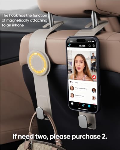 Car Headrest Hook with Swivel Magnet Phone Holder for Magsafe, 2-in-1 Double Hooks Hanger for Purse Bag, 360° Rotating Hands-Free Car Accessories for Handbag Coat Umbrella(1 Pack Milkshake White)