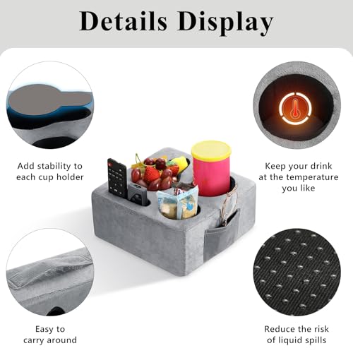 Luxspire Couch Cup Holder Tray, Couch Cup Holder Pillow with 4 Holes, Side Pocket and Handle, Couch Caddy Pillow for Phone/Drinks/Remote Control/Snacks, Gray - color: Gray