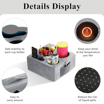 Luxspire Couch Cup Holder Tray, Couch Cup Holder Pillow with 4 Holes, Side Pocket and Handle, Couch Caddy Pillow for Phone/Drinks/Remote Control/Snacks, Gray - color: Gray