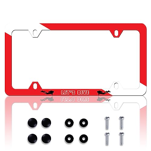 Let‘s Dive License Plate Frame Dive Flag License Plate Frames Personalise Stainless Steel Funny Design Compatible with Standard License Plate Holder for USA and Canada 6 X 12 with Screws - color: Let‘s Dive