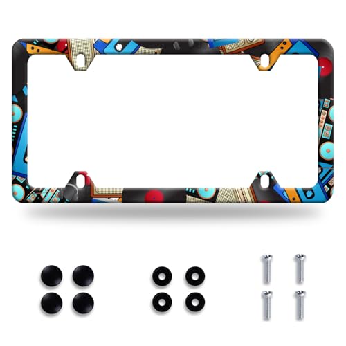Music License Plate Frame Retro Music Cassettes License Plate Stainless Steel Funny License Plate Holder Men Women Colorful Music Car Accessory Decoration 12.3" x 6.3" - color: Retro Music Design