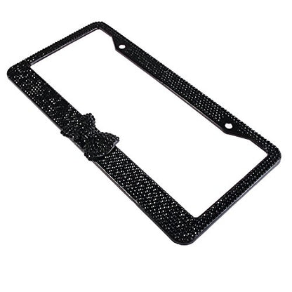 Fashion USA Universal Handmade Black Frame Black Bowtie Crystal License Plate Frames,Exclusive Bling License Plate Holder,Weather Proof Rhinestone License Cover for Women(1 Frame)