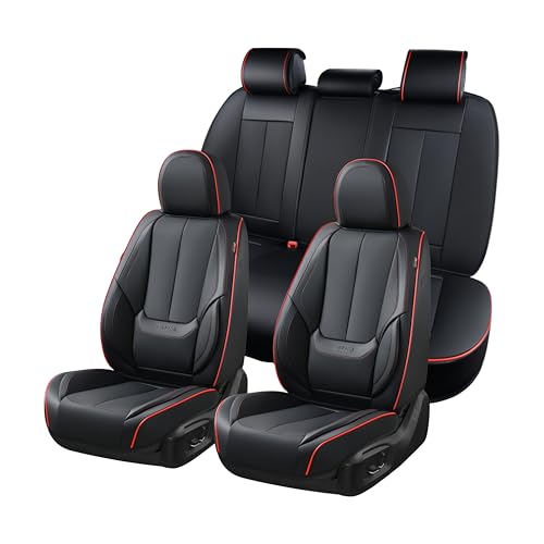 Coverado Car Seat Covers Full Set, Seat Covers for Cars, Black Car Seat Protector Waterproof, Nappa Leather Car Seat Cushion, Car Seat Covers Front Seats and Back Fit for Most Cars - color: 8805BlackRedLine, size: FullSet