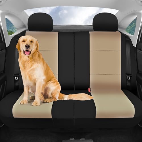 FH Group Waterproof Neoprene Car Seat Covers Rear Set– Universal Fit Split Bench Back Seat Cover, Durable Automotive Seat Protector for Cars, SUVs & Vans, Beige/Black - color: Beige, style: Rear Set