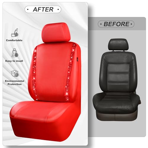 CAR PASS Bling Diamond Car Seat Covers Full Set, Shining Rhinestone Waterproof Faux Leather, Rear with Zipper, Universal Fit Automotive Glitter Crystal Sparkle Strips for Cute Women Girl, Red - color: Red Leather, size: Full Set