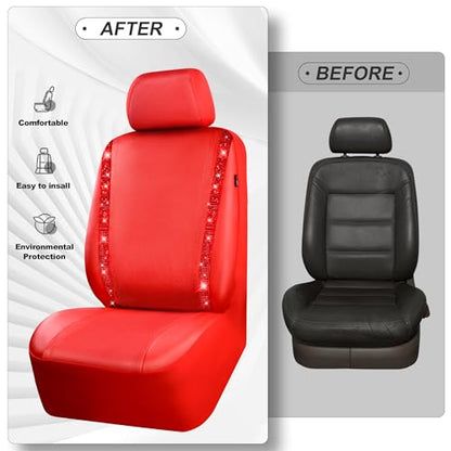 CAR PASS Bling Diamond Car Seat Covers Full Set, Shining Rhinestone Waterproof Faux Leather, Rear with Zipper, Universal Fit Automotive Glitter Crystal Sparkle Strips for Cute Women Girl, Red - color: Red Leather, size: Full Set