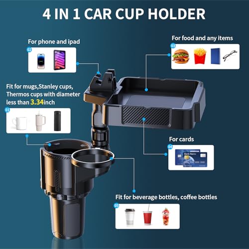 Car Food Tray with Expandable Cup Holder Tray and 360°Phone Stand,4 in 1 Detachable & Rotation car Tray with 2 Cup Holder Adapter with Expandable Base for car,Travel Road Essentials