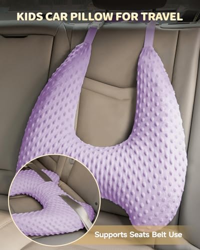 Memory Foam Kids Travel Pillow, Car Pillow for Kids, H-Shape Car Pillows for Sleeping, Removable Pillowcase, Adjustable, Velvet Dots, Purple - color: Velvet Dots Purple