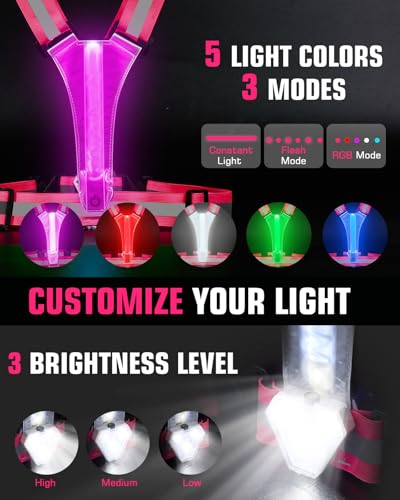 Zacro LED Reflective Vest with Chest Light 500LM, 5 RGB Colors High Visibility Rechargeable Light Up Running Vest IPX4 Night Safety Running Gear for Dog Walking, Cycling, Adjustable for Men Women Kids - color: Pink