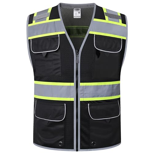 JKSafety Hi-Vis Unisex Surveyor Safety Vest Heavy Duty PPE Inner Pockets ANSI/ISEA Compliant - color: Jk189-black, size: 3X-Large