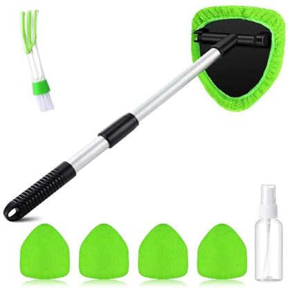 FoldTier 8 Pcs Car Windshield Cleaner Kits with Extendable Handle, 5 Microfiber Towel Pads, 1 Brush, 1 Empty Spray Bottle for Auto Glass Wiper Suvs Rvs & Home Windows (Green) - color: Green