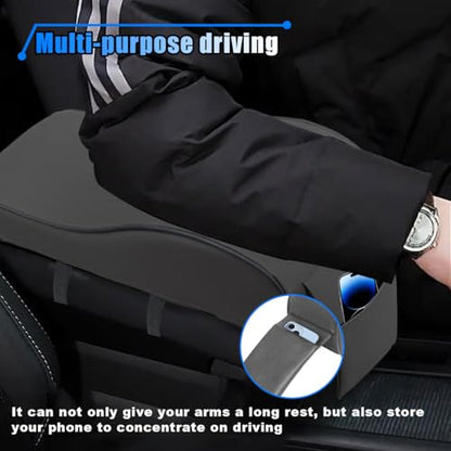 Car Armrest Cushion, Memory Foam Car Center Console Pillow Cushion with Phone Holder Storage Bag, Leather Arm Rest Pillow Cover, Universal Car Armrest Pad Accessories (Black) - color: Black