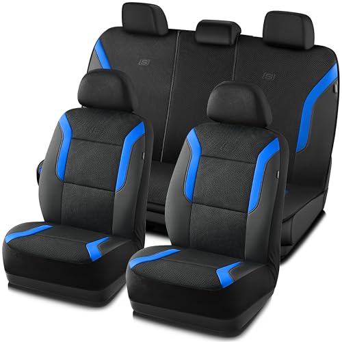 Skechers Memory Foam Car Seat Covers, Air Cool Mesh Thick Seat Covers, Car Seat Cover Full Sets, Airbag Compatible, Automotive Comfort Protection for Most Cars,Vans,Trucks, SUVs,Blue - color: Black/Blue, size: Full Set