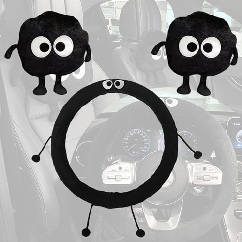Car Headrest Pillow & Steering Wheel Cover Set with Cute Big-Eyed Furball Travel Neck Support Pillow Fur Car Interior Accessory (Black 3Pcs Set) - color: Black 3pcs Set