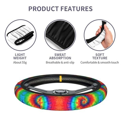 Tie Dye Steering Wheel Cover with 2 Car Coasters Non Slip Neoprene for Women Men Universal 15 Inch - color: Tie Dye