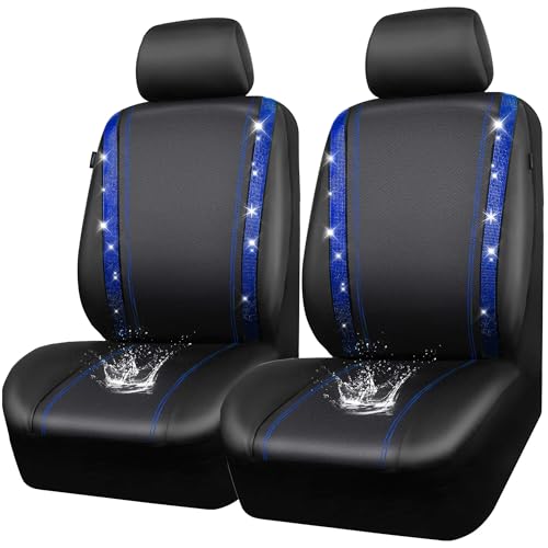 CAR PASS Leather Diamond Bling Car Seat Covers 2 Front Interior Sets, Waterproof Universal Shining Glitter Crystal Sparkle Fit for 95% Automotive Truck SUV Cute Women Girl, Black Blue Rhinestone - color: Blue, size: Two Front Seats