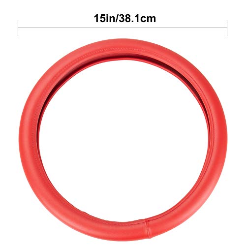 Evankin Red Leather Steering Wheel Cover, Comfortable and Soft Solid Color Universal Steering Wheel Cover 15 inch, Suitable for Most Cars (Red) Valentine's Day - color: Red