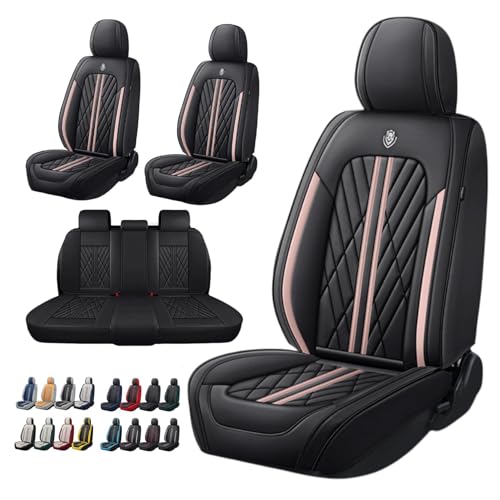 Universal Fit Waterproof Breathable Nappa Leather Automotive Vehicle Car Seat Covers Set Cushion Protector for Sedan SUV - color: Black Pink line, size: Full Set 5 Seats