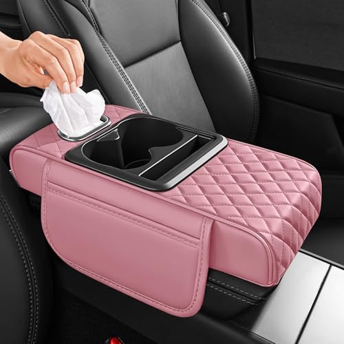 5 in 1 Car Center Console Cover, Armrest Pad with 2 Storage Pockets, Cup Holder, Tissue Box Slot, Phone Holder, Universal Car Interior Organizer (Pink) - color: Pink