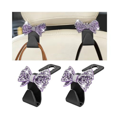 Zpana Bling Car Headreat Hook, 2PCS Crystal Rhinestone Cute Bow Vehicle Seat Back Hanger Storage for Purses Bags Grocery, Diamond Auto Rear Seat Organizer, Universal for SUV Truck Sedan (Purple) - style: Purple/2PCS