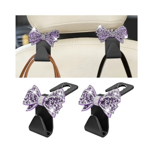 Zpana Bling Car Headreat Hook, 2PCS Crystal Rhinestone Cute Bow Vehicle Seat Back Hanger Storage for Purses Bags Grocery, Diamond Auto Rear Seat Organizer, Universal for SUV Truck Sedan (Purple) - style: Purple/2PCS