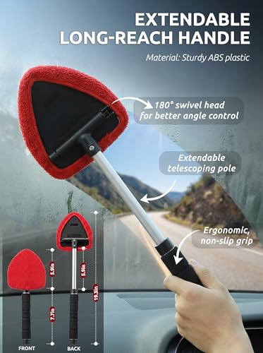 TAKAVU Windshield Window Cleaner Tool, Extendable Long-Reach Handle, Unique Pivoting Triangular Head, 3 Washable Reusable Microfiber Bonnets, Car & Home Inside Interior Exterior Use - Lint Free (Red) - color: Black & Red
