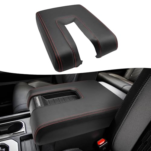 KBH Car Center Console Cover Replacement for Toyota Tundra 2014 2015 2016 2017 2018 2019 2020 2021, Vinyl Leather Armrest Uhpholstery, Anti-Scratch, Black-red Stitch (Leather Part Only) - color: Black-red stitch
