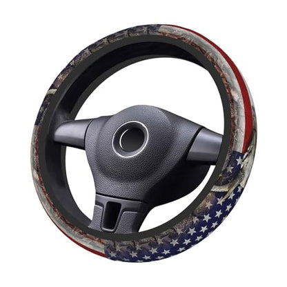 Camouflage Deer American Flag Steering Wheel Cover for Men, Anti-Slip Elastic Breathable Soft Rubber Car Steering Wheel Protective Cover, Universal 15 Inch Fit for Cars, Auto, SUVs
