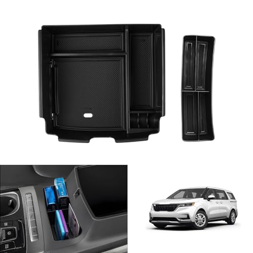 Autorder 2PCS Center Console Organizer for Kia Carnival 2022-2025 2026 Accessories Armrest Storage Box Secondary Insert Tray with Black Anti-Slip Mat（Front Tray + Armrest Organizer） - size: 2022-2026 Kia Carnival 2PCS