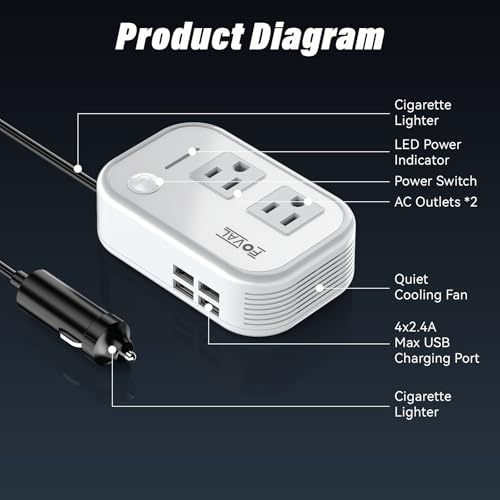 200W Car Power Inverter, FOVAL 12V DC to 110V AC Car Inverte with 4 USB Ports Car Outlet Adapter, Power Inverter for Vehicles, Car Plug Adapter Outlet for Laptop Computer Charger (White) - color: White