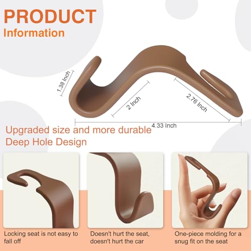 Car Seat Hooks & Purse Holder - 4 Pack Boxed,55 lb Heavy Duty,Eco PP Car Hooks for Purse/Bag/Baby Gear/Gym Bag/Groceries/Cup/,Fits 0.32-0.55”Car Headrest Rods (Brown) - color: Brown