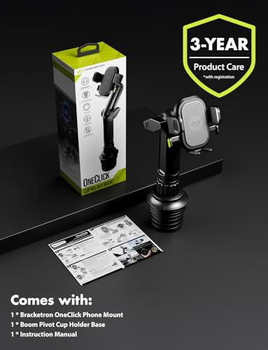Bracketron OneClick Cup Phone Holder for Car - Universal Cup Holder Phone Mount, Fits Devices up to 4.2", 360° Rotation with Twist-Expand Base & Folding Support Legs