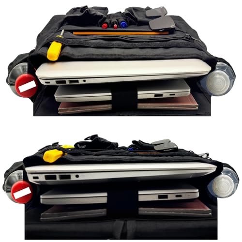 Front & Seat back organizer with dedicated tablet and 15.6 IN laptop storage stabilizers external stabilizing side straps soft adjustable shoulder straps hardened buckle (Black) - color: Black
