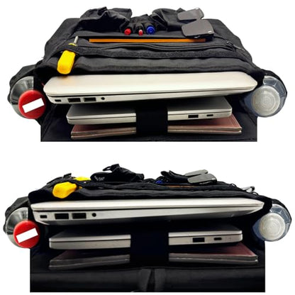 Front & Seat back organizer with dedicated tablet and 15.6 IN laptop storage stabilizers external stabilizing side straps soft adjustable shoulder straps hardened buckle (Black) - color: Black