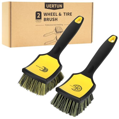 Wheel and Tire Brush Detailing Kit, Soft Rim Brush & Stiff Tire Brush with Silicone Bumper Guard, Non-Slip Ergonomic Handle Car Wash Set for Alloy Wheels, Fenders, Mats - color: black yellow