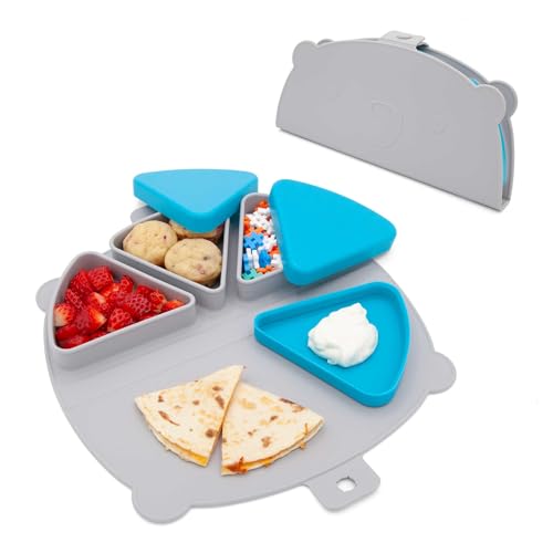 Silicone On-The-Go Snack Mat – Foldable Reusable Placemat with 3 Compartments and Lids – Travel-Friendly Baby and Toddler Snack Plate – Dishwasher Safe (Pebble) - color: Pebble