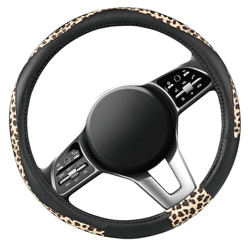 Road Comforts Steering Wheel Cover - Made with PVC Leather and Leopard Fabric - Universal 14 1/2 inches to 15 inches for Most Automotive Steering Wheel - Cheetah Print - Black - color: Round-Black