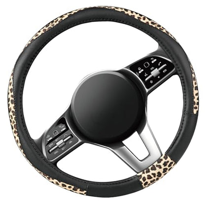 Road Comforts Steering Wheel Cover - Made with PVC Leather and Leopard Fabric - Universal 14 1/2 inches to 15 inches for Most Automotive Steering Wheel - Cheetah Print - Black - color: Round-Black