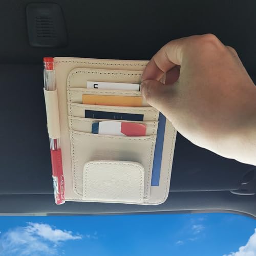 SENHAI Car Sun Visor Organizer for Car, 2 Pcs Small Leather Car Card Sleeve Pocket Organizer, Car Visor Organizer Storage Pouch for Hold Card, Sunglass Holder, Pen (Beige & Black)