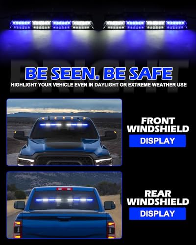 HLauto 604N Emergency Dash Strobe Lights: 2x16.8 inch Blue White Security Light w/Take Down, 48 LED Safety Flashing Warning Hazard Interior Windshield Light Bar for Trucks Vehicles - color: #07 Blue / White