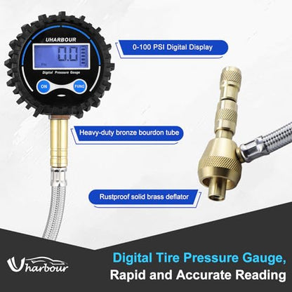 4X4 Rapid Air Down Tire Deflator with Digital Gauge (0-100PSI) ， 2.5" Easy Read Glow Dial & Solid Brass Hardware-Automatic Tire Air Down Tool for Jeep, Truck or ATV