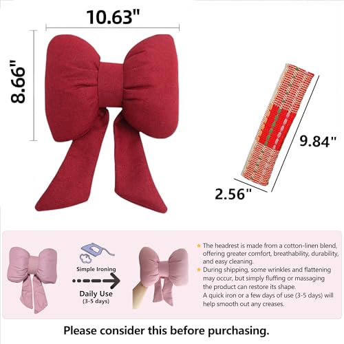 Car Seat Neck Pillow Elegant Bow Car Headrest Pillow Set - Cotton Linen Neck Cushion Universal Fit for Women Comes with 2 Seat Belt Covers (Red Set 4Pcs) - color: Red Set 4pcs