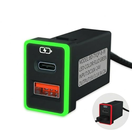 B&DOG XSIN Car Charger,for Toyota Type-C USB Port Socket,QC3.0 Fast Charge,Charging with Light Turn Red.Show,Compatible with Smartphones and Tablets,etc.（Green/Red-1.3x0.9inch） - color: Blue