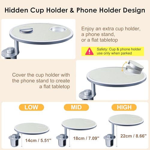 Car Food Tray & Car Table Tray with Car-Grade Aluminum Cup Holder & Phone Stand, Premium Wood with Leather Surface, 360° Rotating Car Desk for Laptop &Eating (Round, White) - color: 𝗥𝗼𝘂𝗻𝗱 · White
