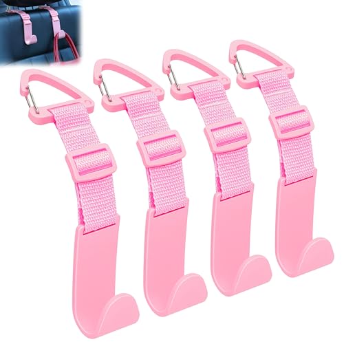Amooca Headrest Hooks for Car Adjustable 4 Pack Vehicle Seat Back Organizer Storage Hanger Holder for Purse Bags Universal Fit with Clip Pink - color: Pink